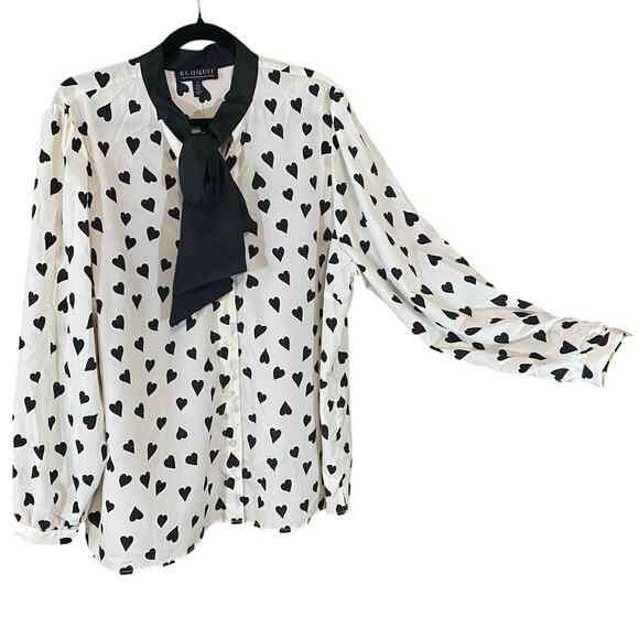 Eloquii Black Heart Print Tie Neck Blouse Size 20 Plus Romantic Chic feminine - Picture 2 of 7